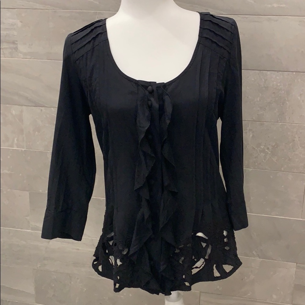La Rok Black Silk Button Down Blouse Top Medium M